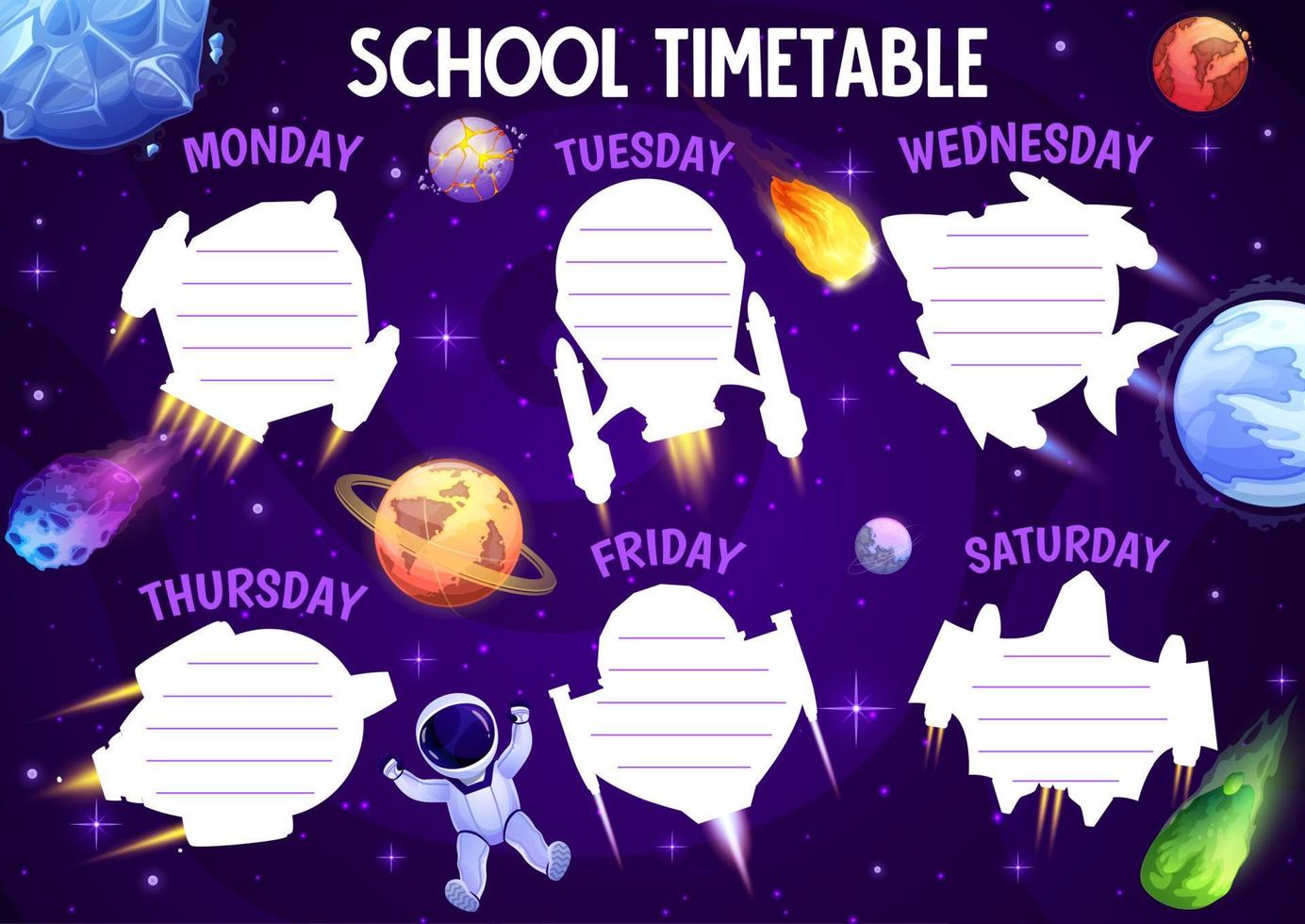 calendrier horaire dessin animé espace comètes, astéroïdes vecteur