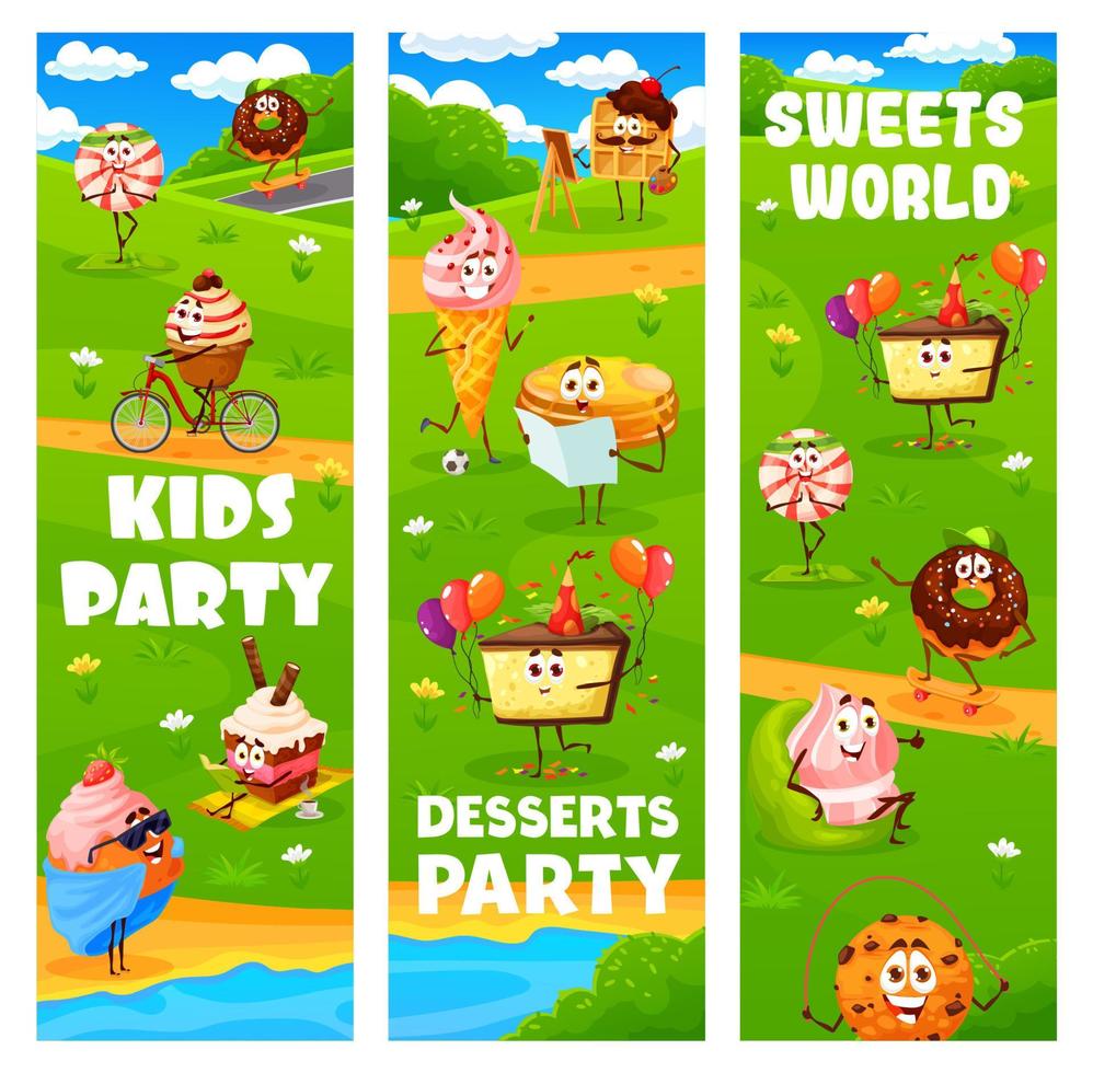 personnages de desserts de dessin animé de fête d'enfants sur le pré vecteur