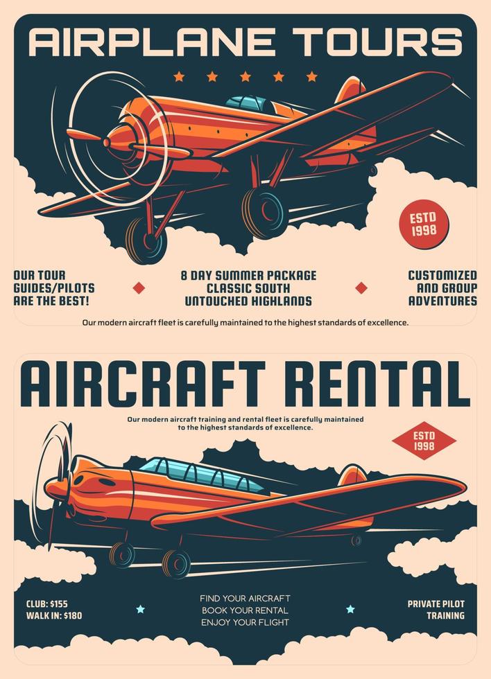 affiches rétro de location d'avions et de circuits en avion vecteur