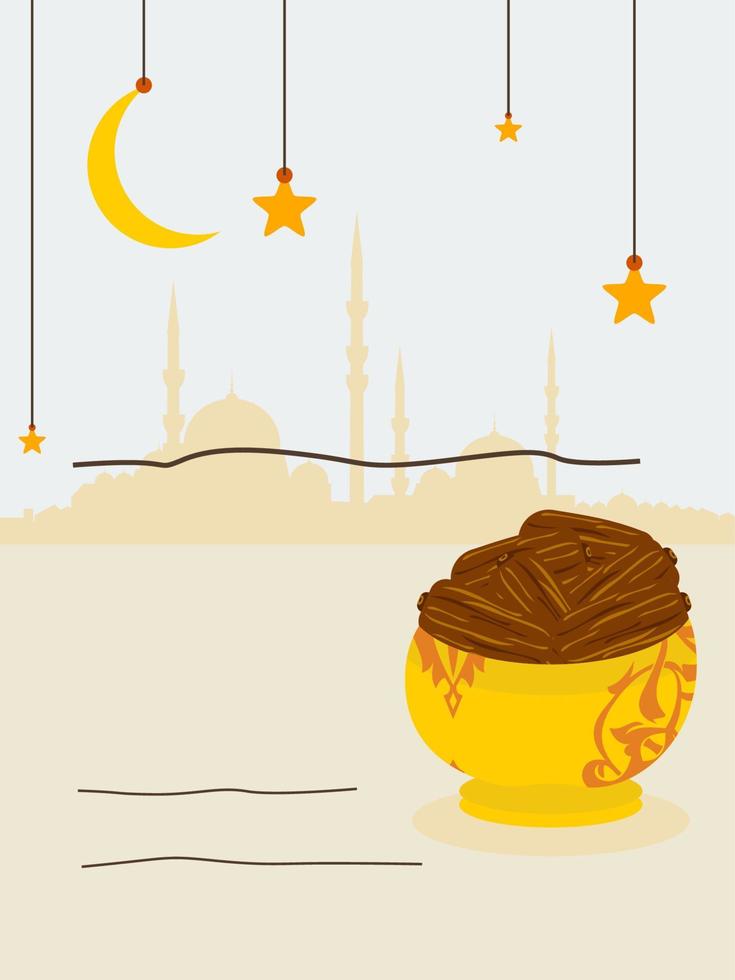 fond de vecteur de fête iftar modifiable avec un bol à motifs d'illustration de fruits de dattes et une silhouette de mosquée également décorée à l'aide d'un croissant de lune suspendu et d'étoiles pour un modèle d'affiche ou d'invitation