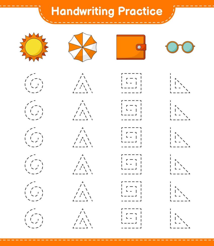 pratique de l'écriture manuscrite. tracer des lignes de soleil, parapluie, portefeuille et lunettes de soleil. jeu éducatif pour enfants, feuille de calcul imprimable, illustration vectorielle vecteur