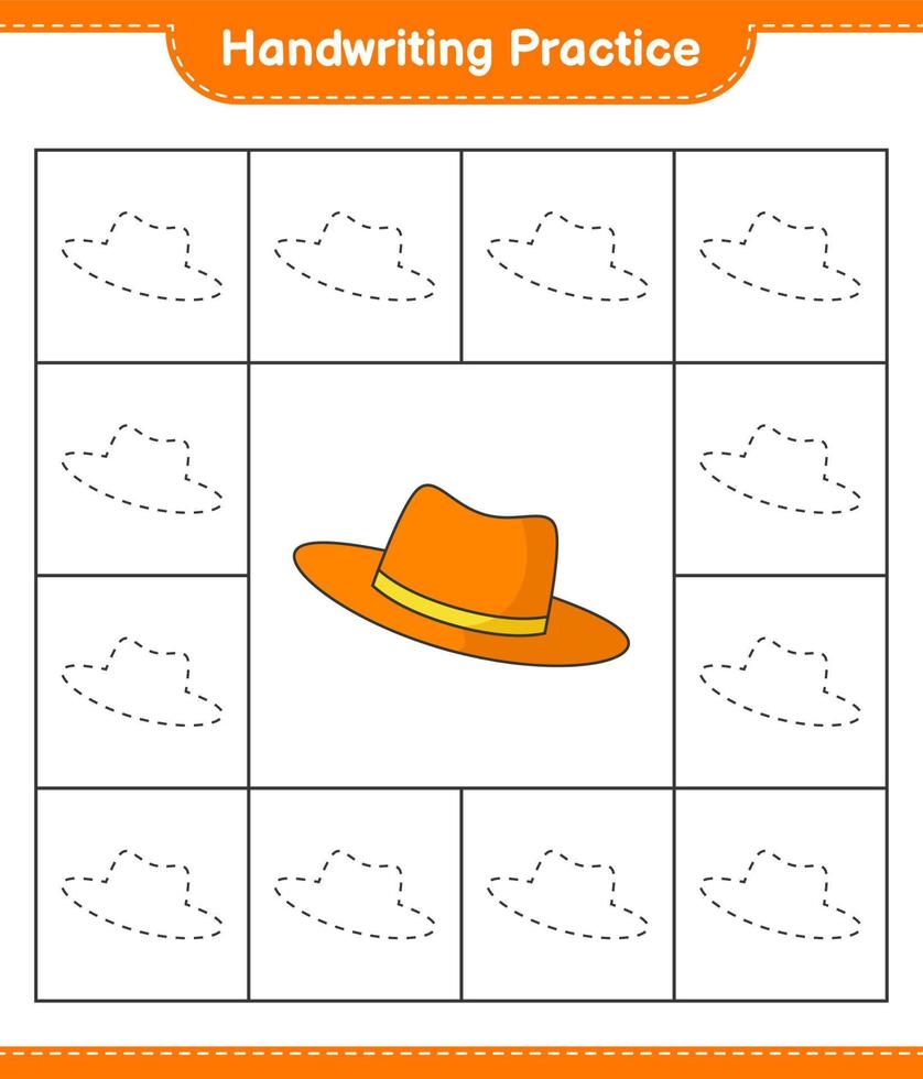 pratique de l'écriture manuscrite. tracer des lignes de chapeau d'été. jeu éducatif pour enfants, feuille de calcul imprimable, illustration vectorielle vecteur