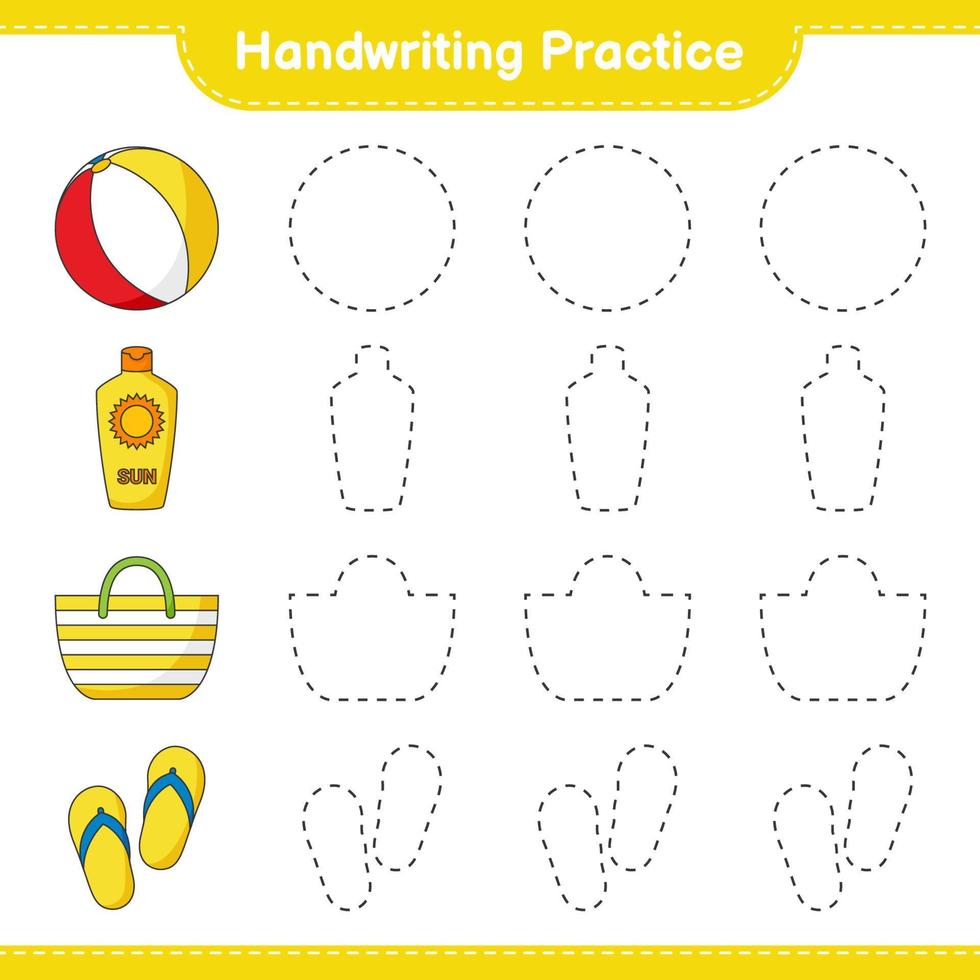 pratique de l'écriture manuscrite. tracer des lignes de balle, de crème solaire, de mauvais et de pantoufle. jeu éducatif pour enfants, feuille de calcul imprimable, illustration vectorielle vecteur