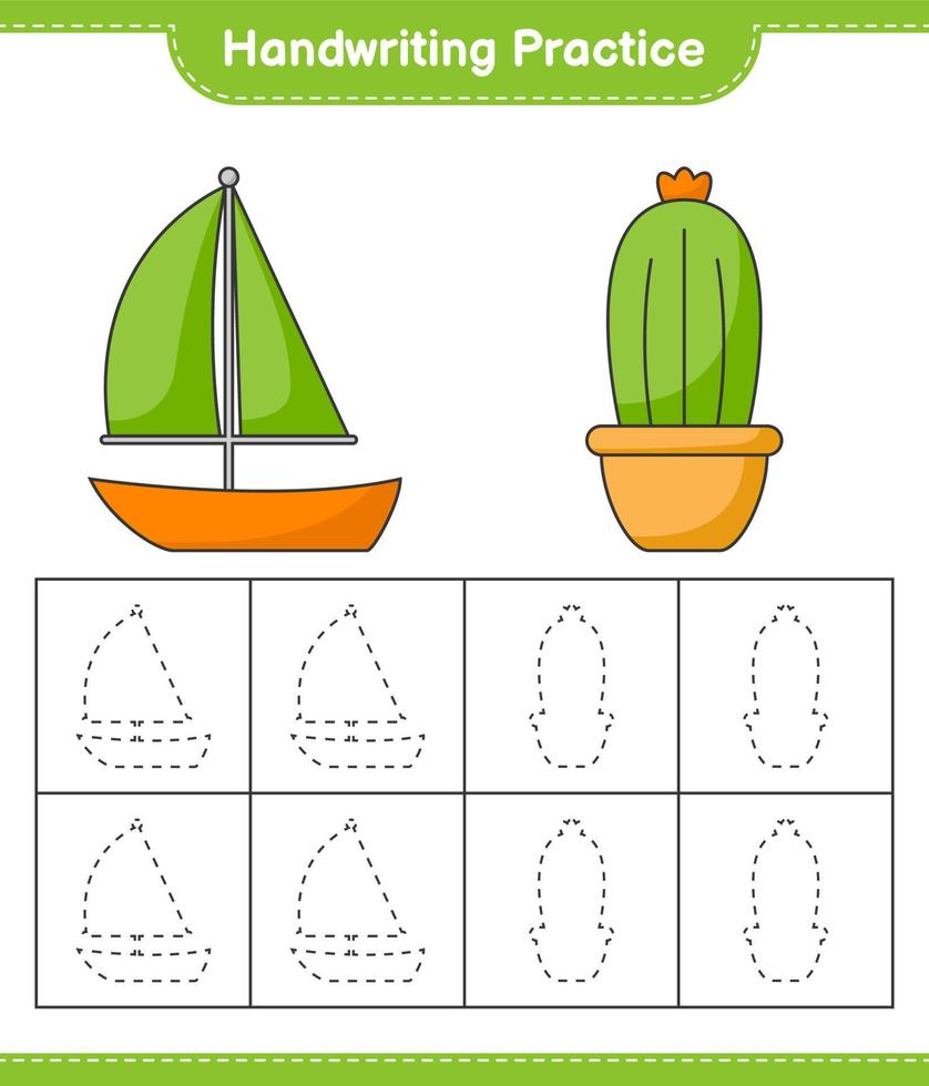 pratique de l'écriture manuscrite. tracer des lignes de cactus et de voilier. jeu éducatif pour enfants, feuille de calcul imprimable, illustration vectorielle vecteur