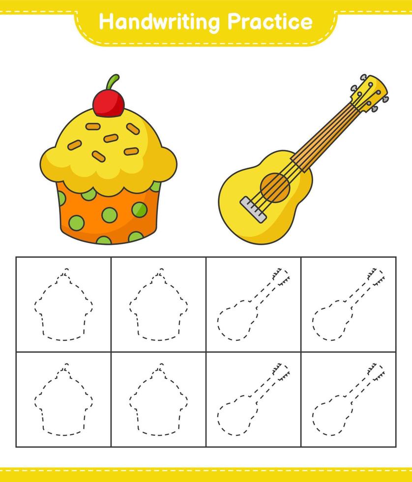 pratique de l'écriture manuscrite. tracer des lignes de ukulélé et de cup cake. jeu éducatif pour enfants, feuille de calcul imprimable, illustration vectorielle vecteur