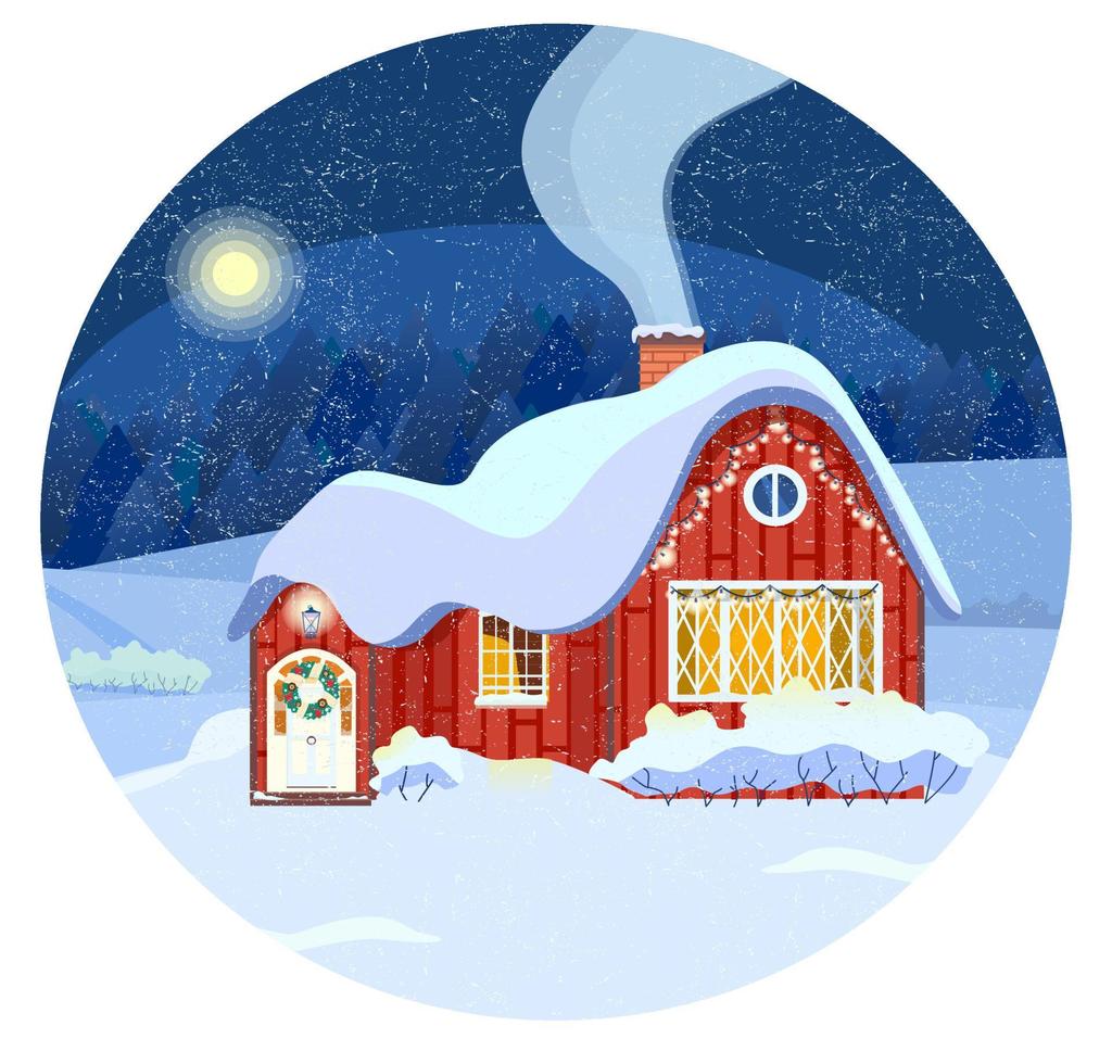 illustration vectorielle de maison de campagne d'hiver avec paysage de nuit, concept rond. parfait pour les cartes de noël et du nouvel an. vecteur