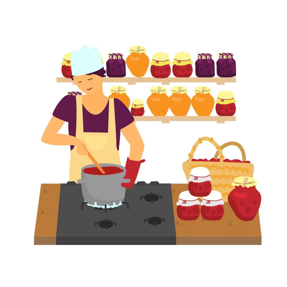 illustration vectorielle de jeune femme en tablier faisant de la confiture de baies. différents pots de confiture, panier de baies. femme près de la cuisson au four. petite entreprise, manger concept local. style plat. vecteur