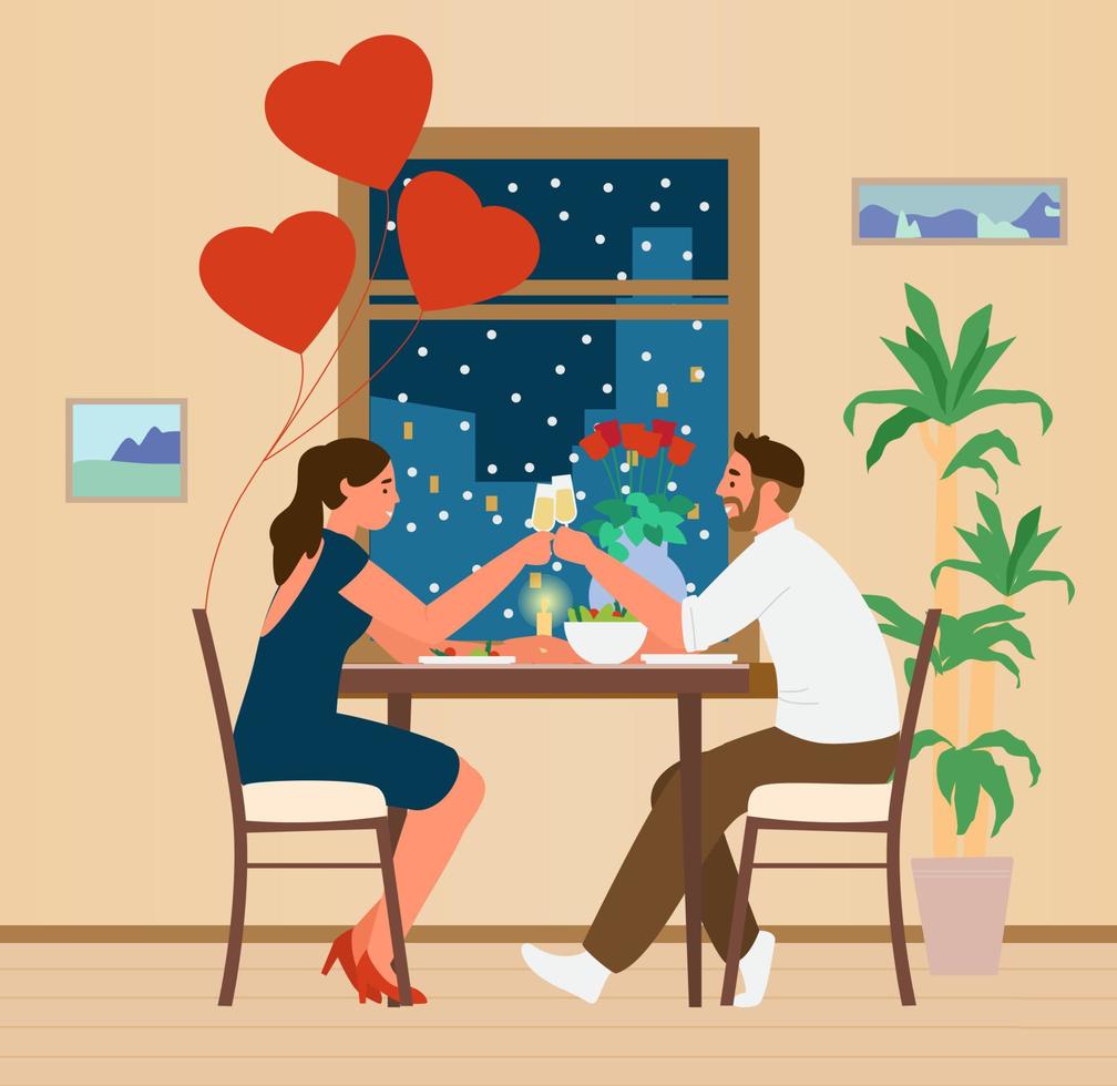 couple heureux célébrant la saint valentin à la maison en train de dîner romantique près de l'illustration vectorielle de la fenêtre de nuit. vecteur