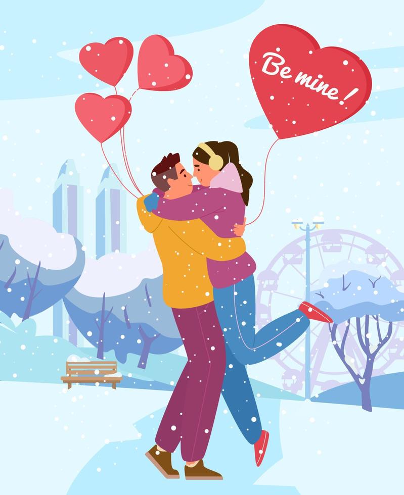 conception de vecteur de carte de voeux saint valentin. couple amoureux étreindre dans le parc d'hiver avec des ballons en forme de coeur sous la neige.