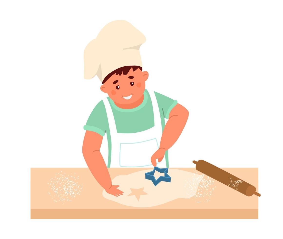 illustration vectorielle de mignon petit garçon en tablier et chapeau de chef faisant des biscuits en forme d'étoile. isolé sur blanc. vecteur