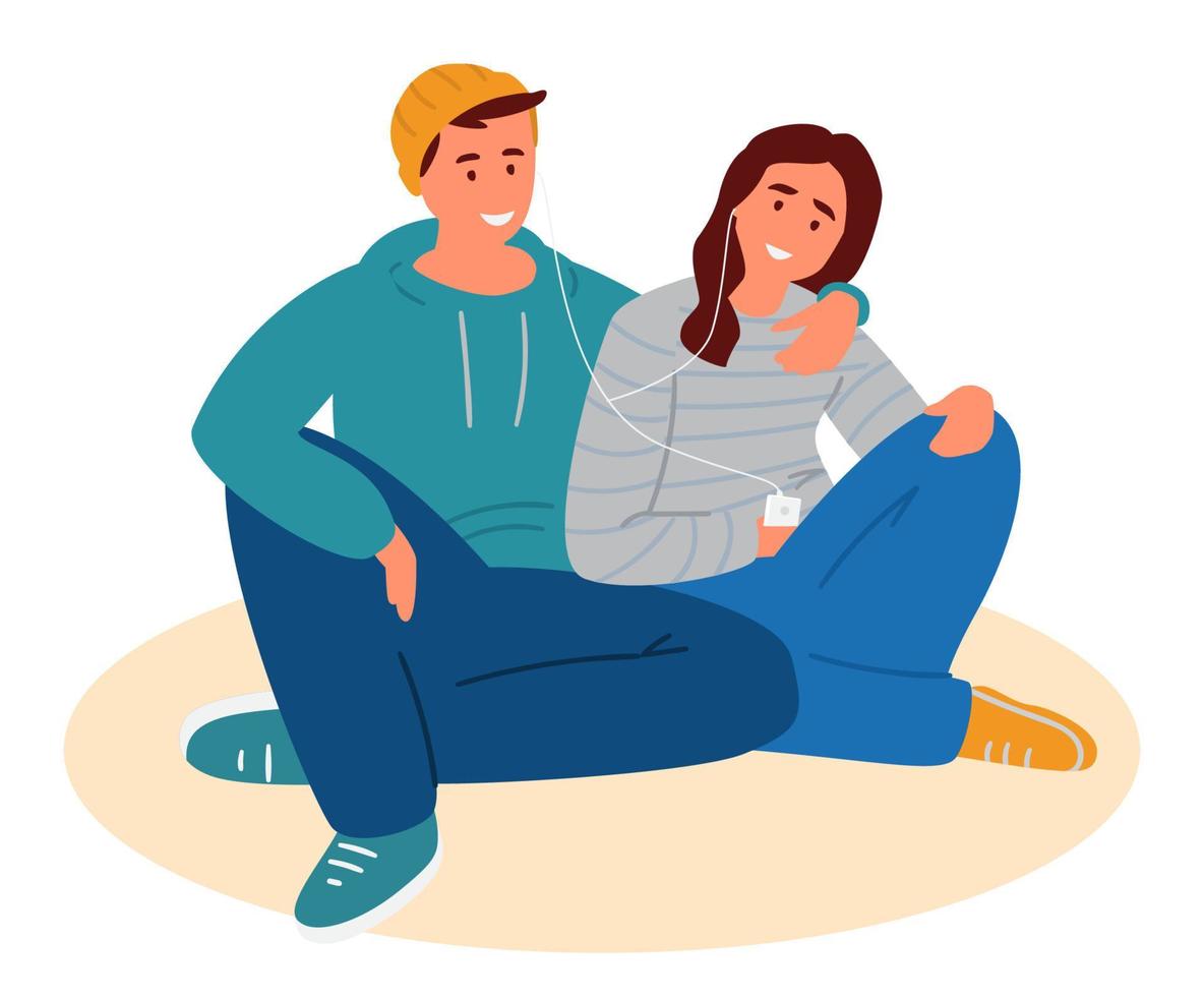couple d'adolescents assis ensemble et écoute de la musique. première illustration vectorielle d'amour. vecteur