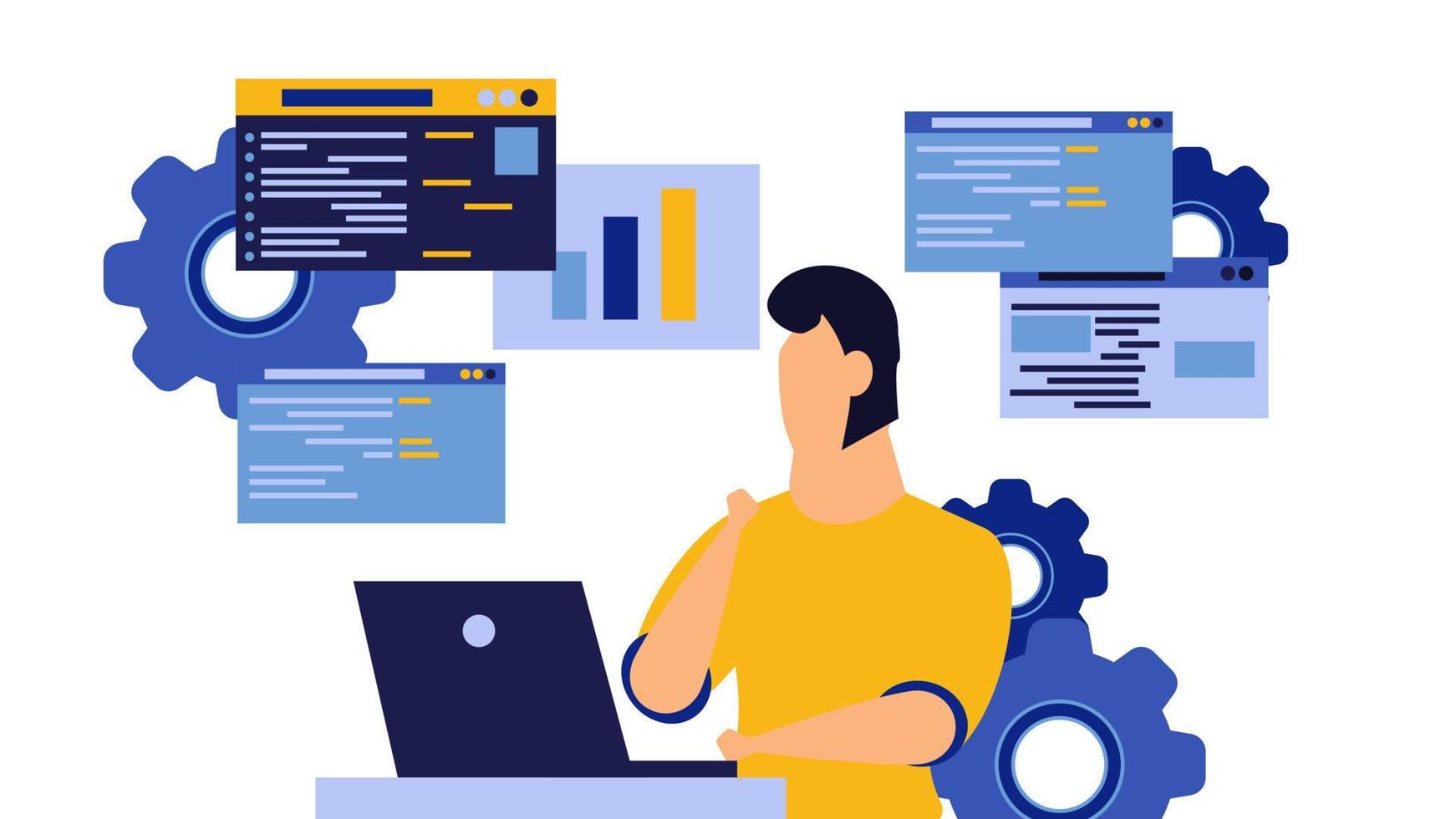 illustration de l'atelier de conseils de vecteur de données d'analyse des employés d'homme d'affaires. développement de graphiques d'analyse des employés de bureau. bannière de réseau de travail de travail de concept. bande dessinée sur le rapport de coopération en ligne