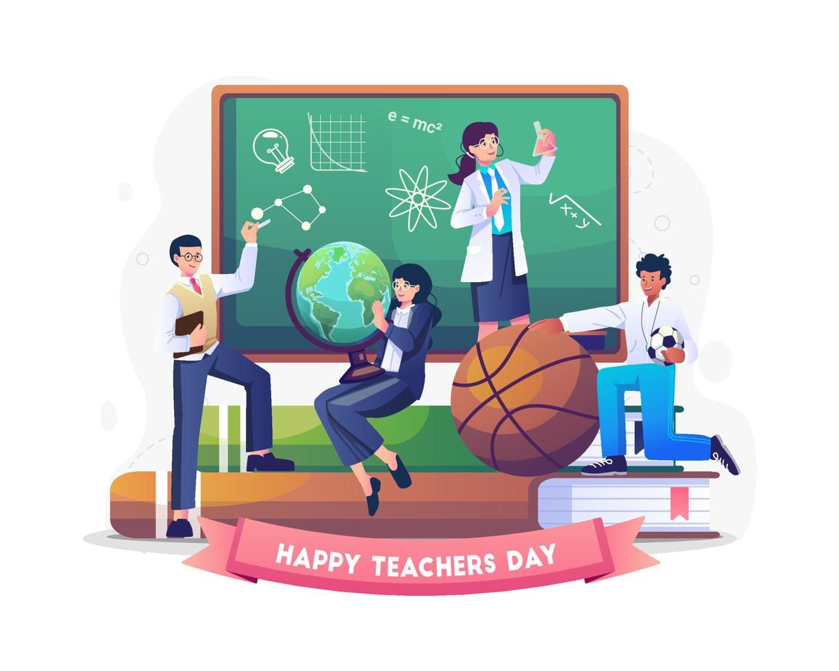 les enseignants de diverses matières célèbrent la journée des enseignants. illustration vectorielle dans un style plat vecteur