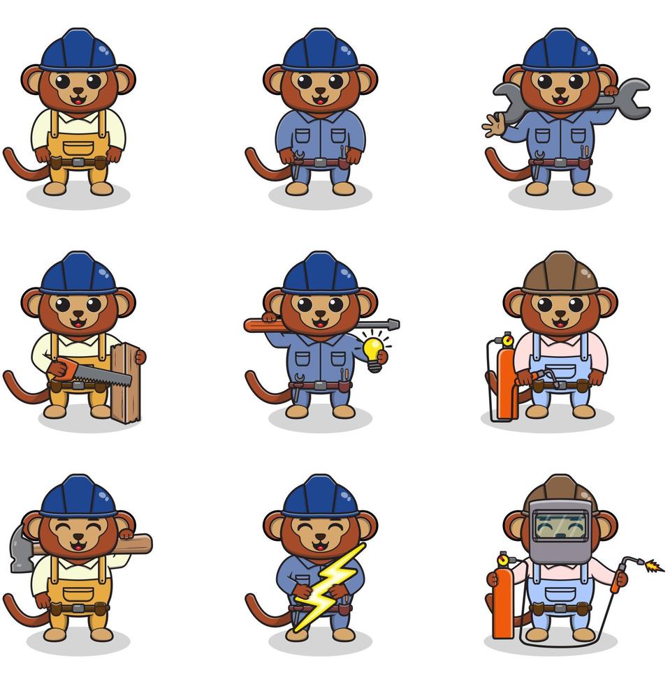 illustration vectorielle de construction de singe, constructeur, électricien, soudeur et dessin animé de bricoleurs. ouvriers d'ingénieurs de singe mignon, personnages de constructeurs isolés illustration de dessin animé. vecteur