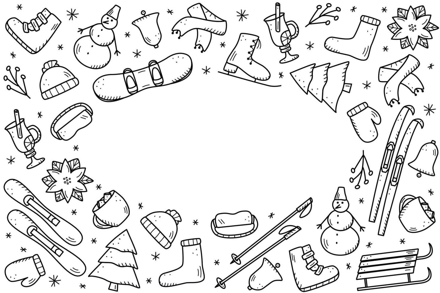 éléments de nouvel an et de noël dans le style doodle. illustration vectorielle de vêtements d'hiver, équipements sportifs, épicéa, nourriture et boissons. icônes de vacances d'hiver vecteur