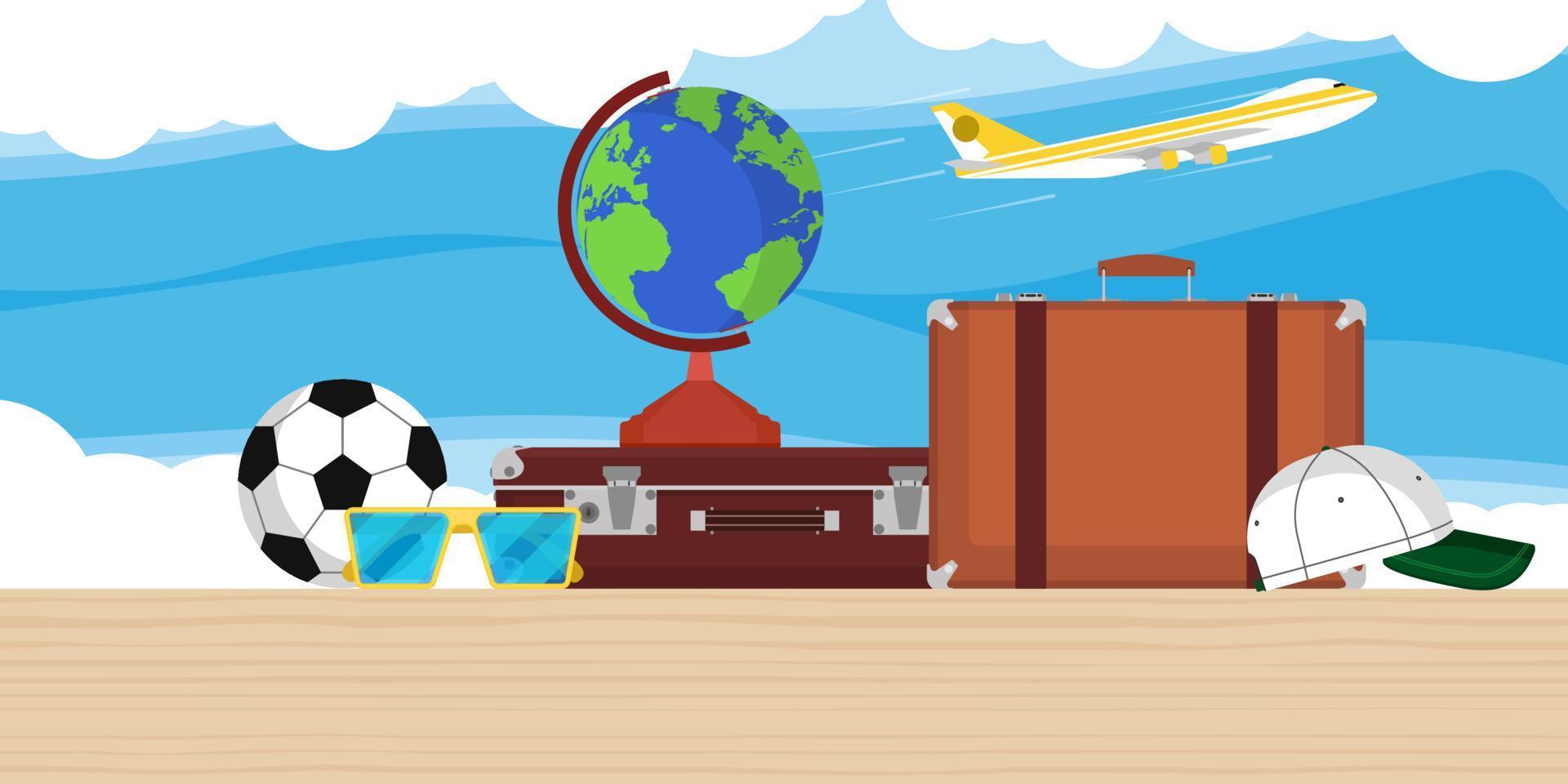fond de vecteur d'illustration de voyage avec globe, avion, sac et nuages. voyage dans le monde de vacances de tourisme d'avion plat. carte de croisière de bannière d'aventure de concept de tour d'été
