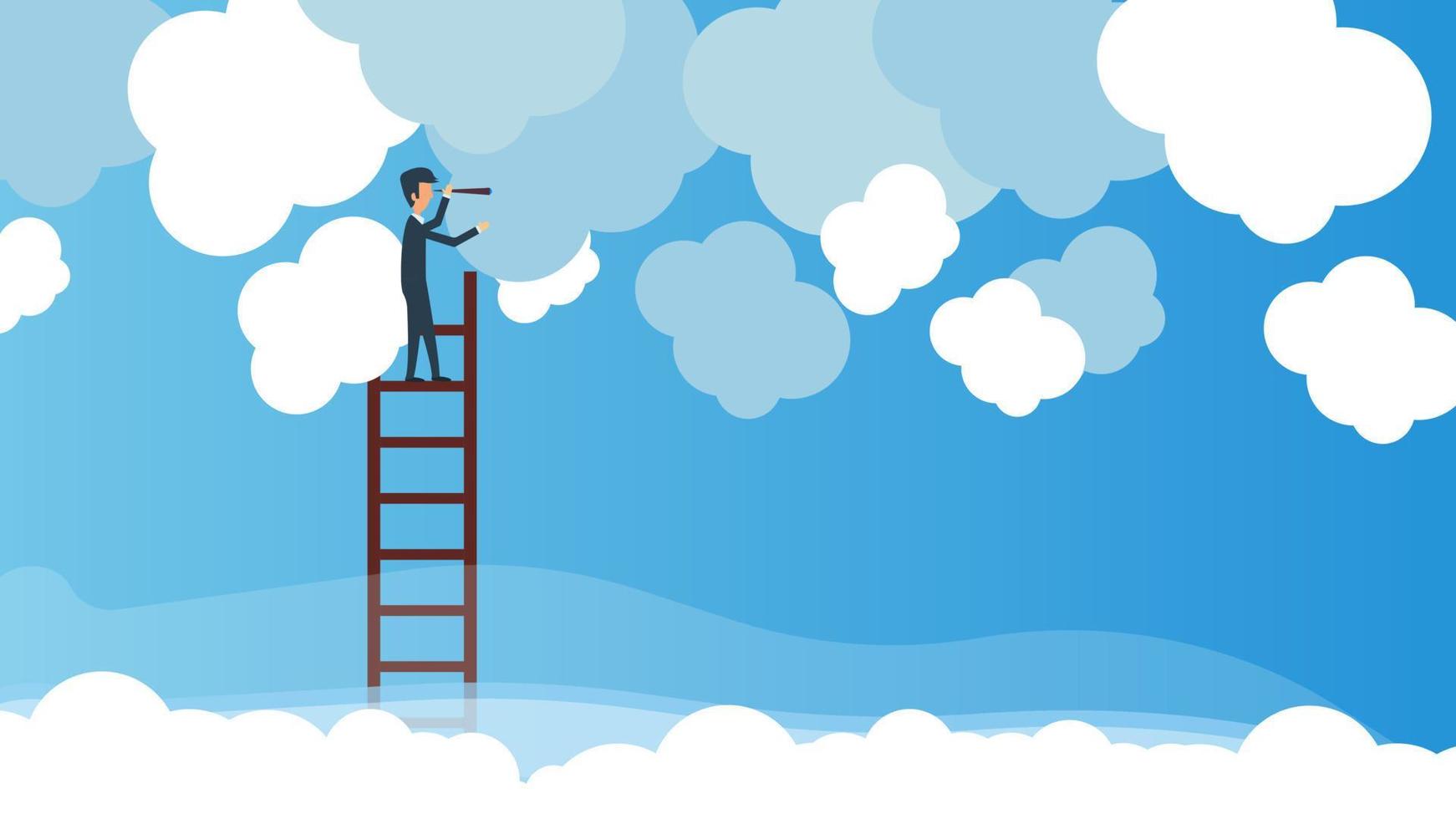 leadership d'illustration de concept de vecteur de vision d'entreprise avec échelle et télescope dans le nuage. future carrière d'opportunité d'homme d'affaires. direction de la stratégie de solution. homme regardant dans le ciel debout. manière cible