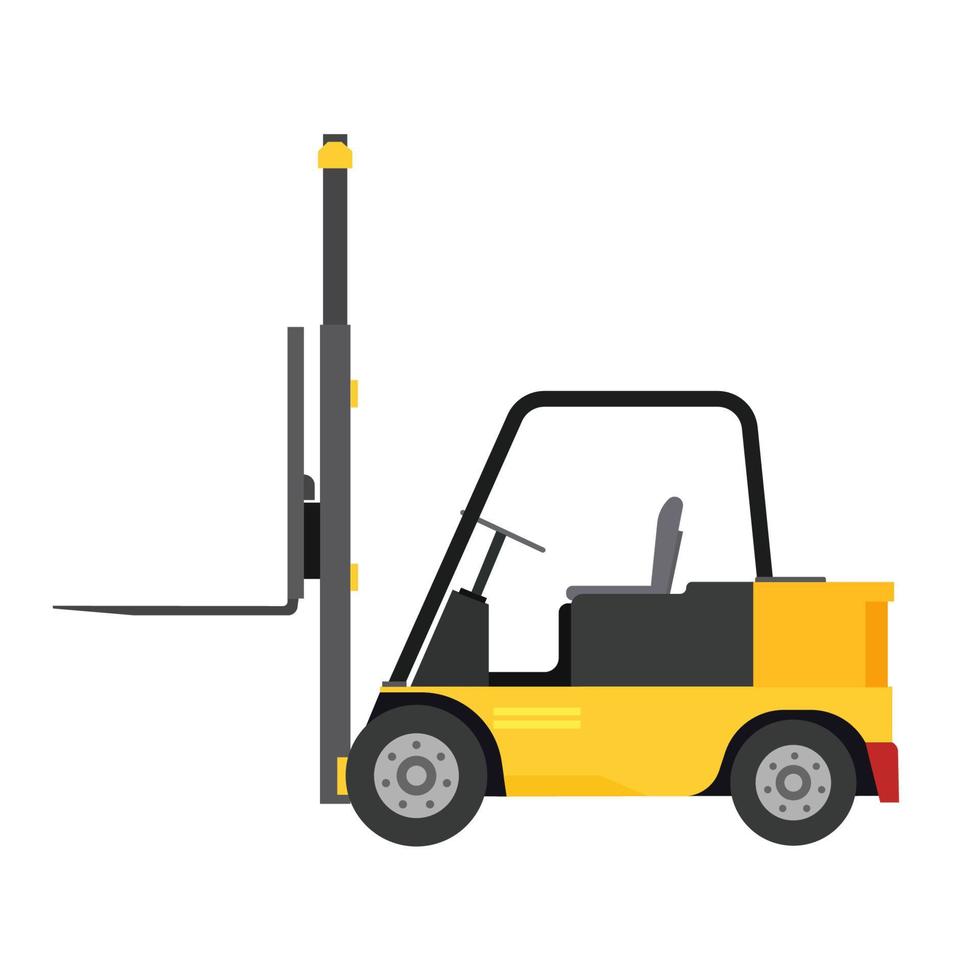 chariot élévateur vecteur fret camion vue latérale livraison illustration équipement entrepôt. icône de véhicule de distribution de l'industrie du chargeur de levage. usine logistique isolée de la machine jaune. conteneur de transport lourd