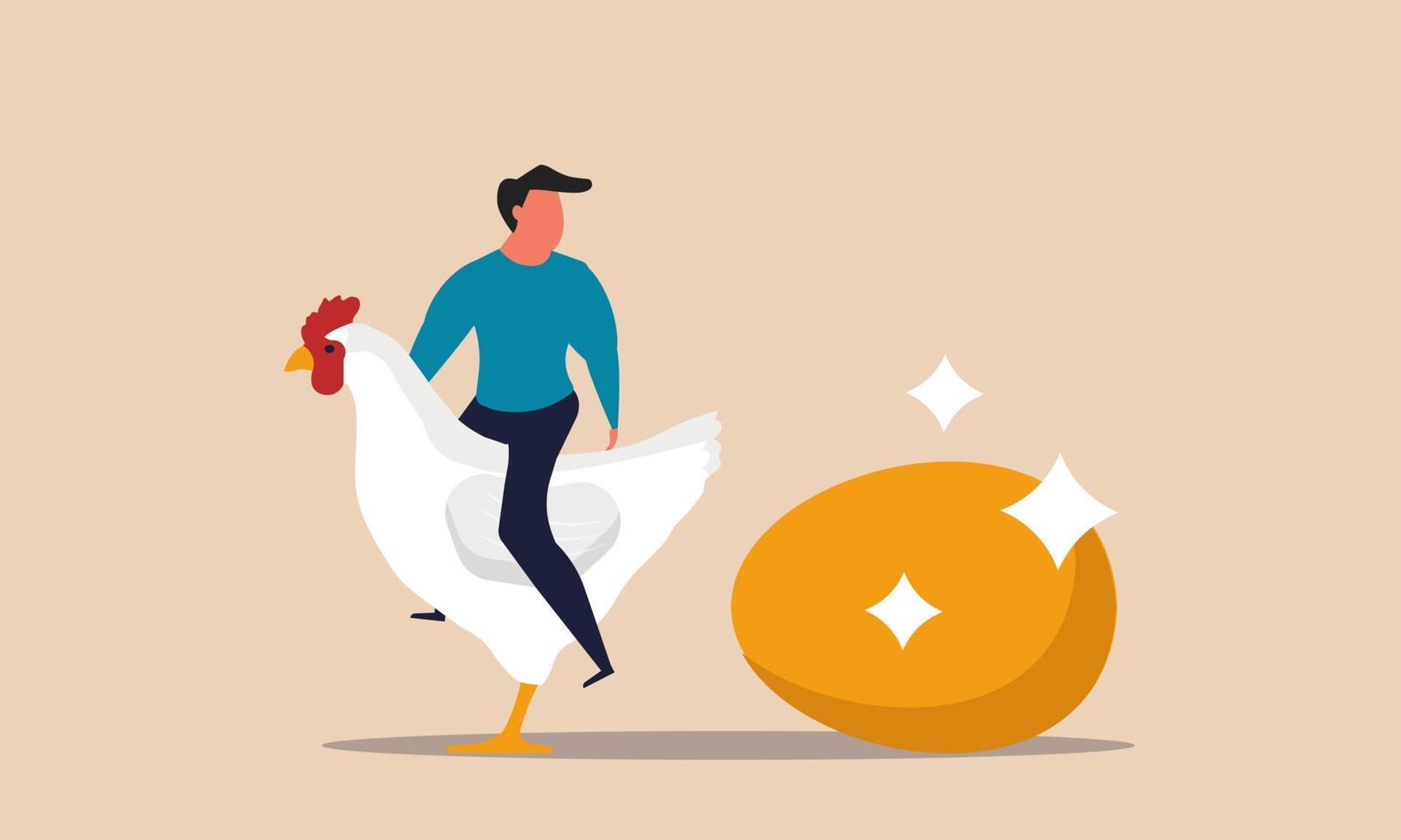 homme sur poulet avec oeuf d'or. Financer le dividende et gagner du profit investissement argent concept d'illustration vectorielle. investisseur faisant futur riche et trésor d'or. croissance économique et chance inestimable vecteur