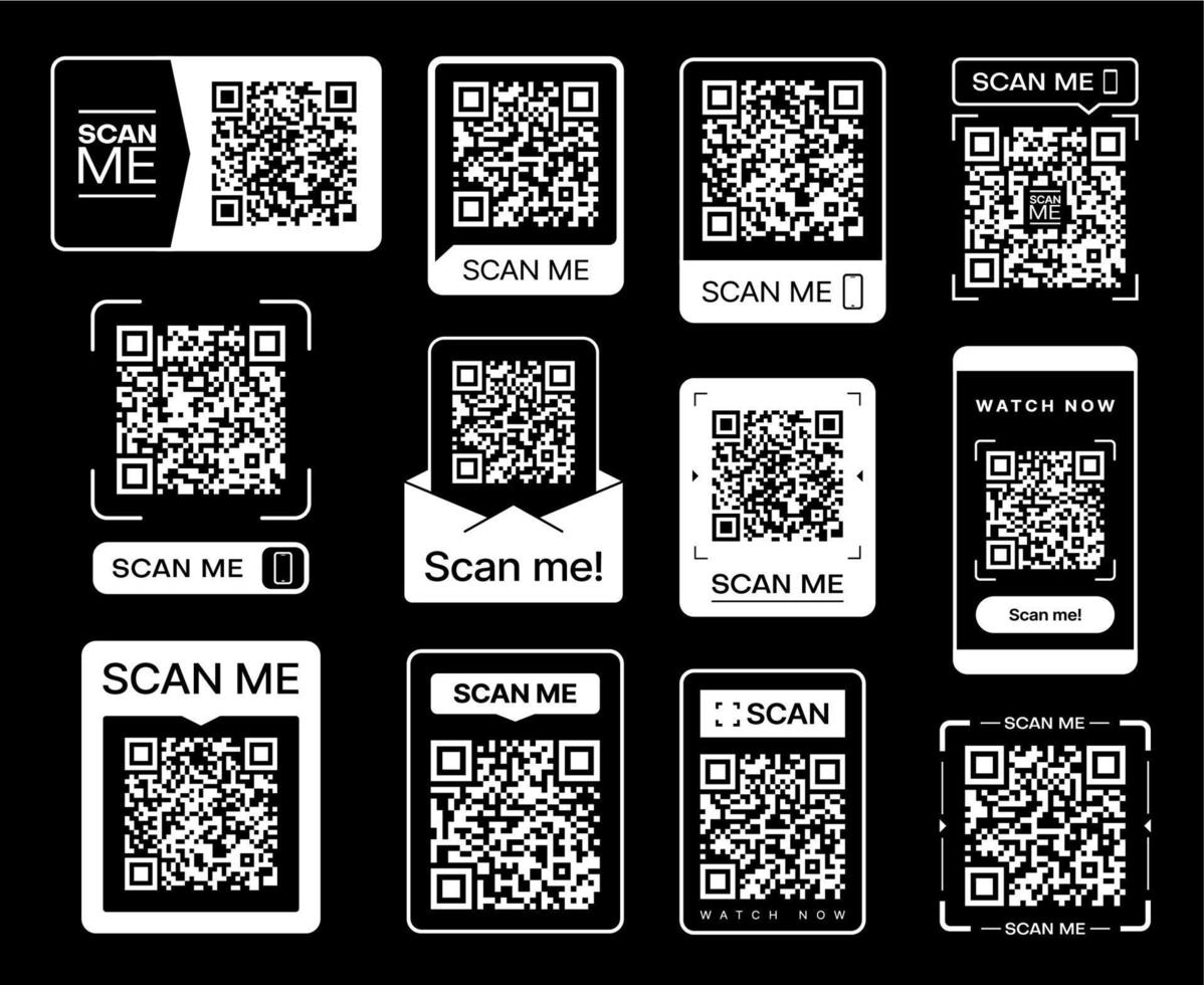 scannez-moi des autocollants de code qr, des icônes de scanner de code-barres vecteur