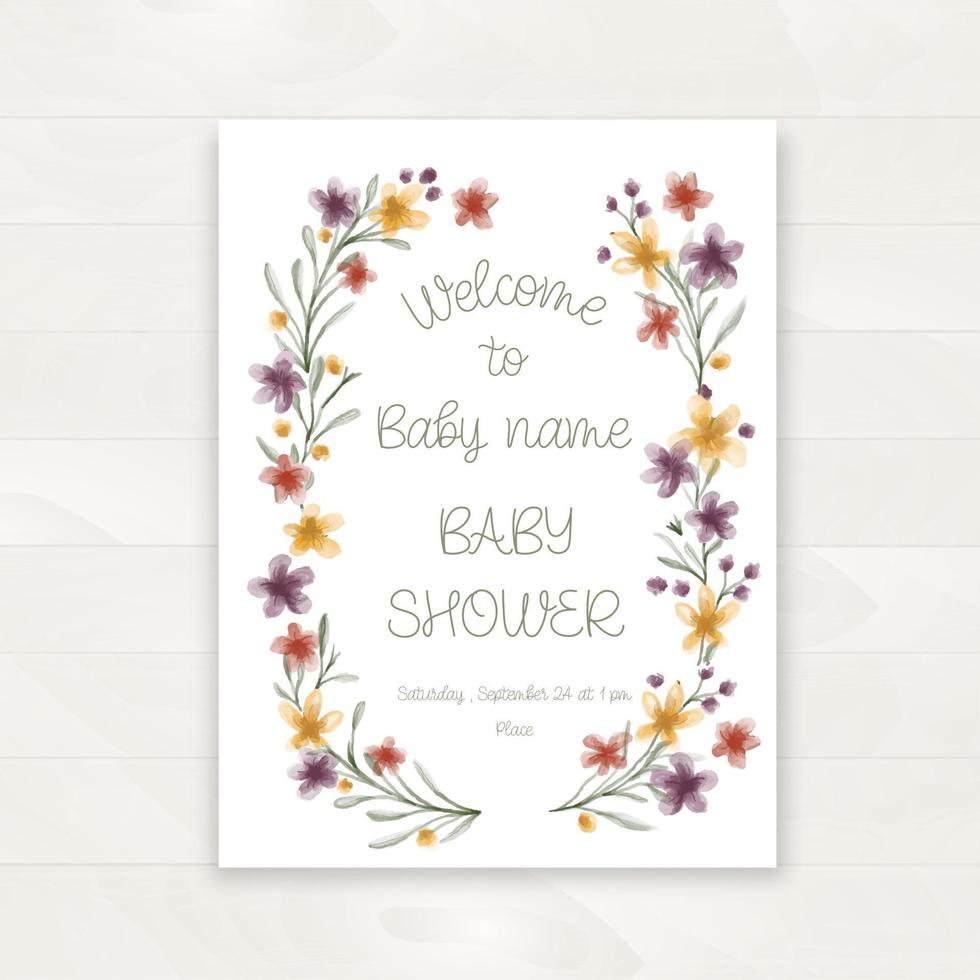 modèle d'invitation de douche de bébé avec des éléments de conception florale et typographique aquarelle. vecteur