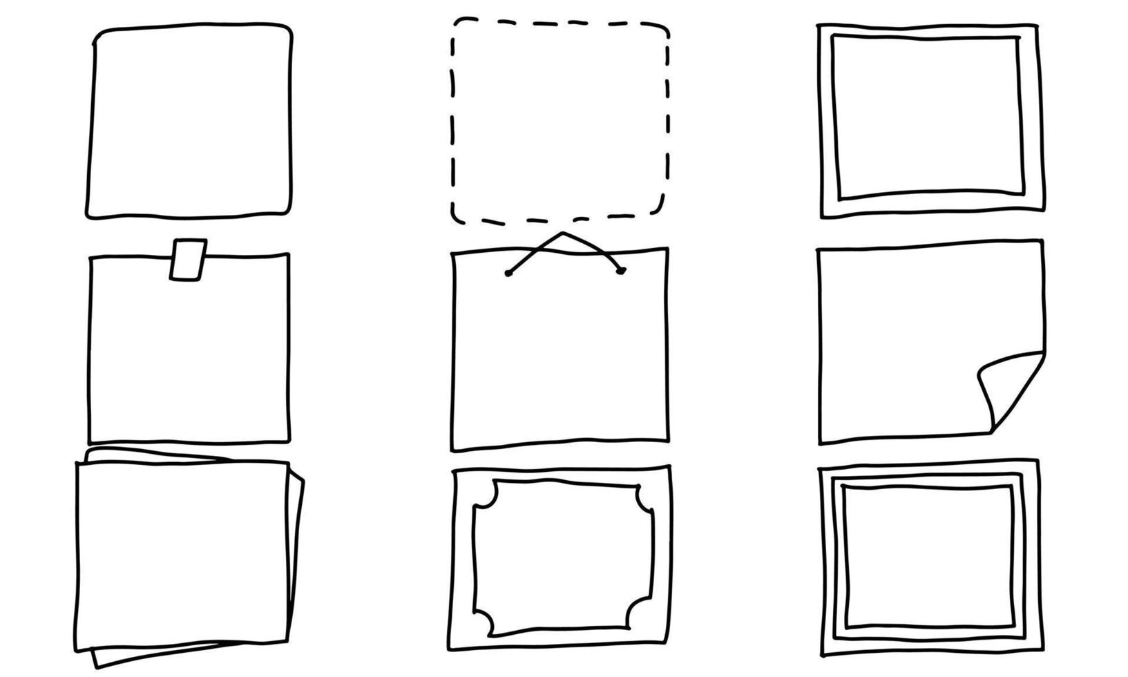 dessinez la boîte de cadre et la bordure de croquis dessinés à la main. illustration vectorielle de doodle de brosse de pensionnaire carrée dessinée à la main. contour du griffonnage à l'encre et rectangle de griffonnage de ligne. joli ensemble de dessin rectangulaire au design décoratif vecteur