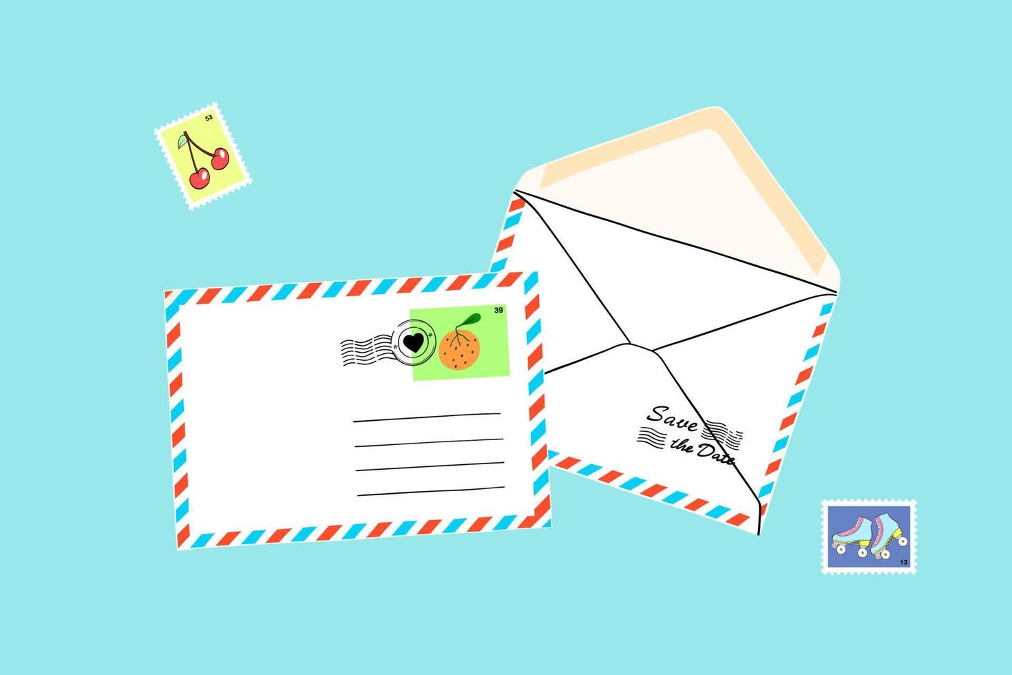 ensemble postal de dessin animé. enveloppes artisanales avec divers timbres postaux, cachets de la poste. illustration de vecteur coloré dessin animé plat