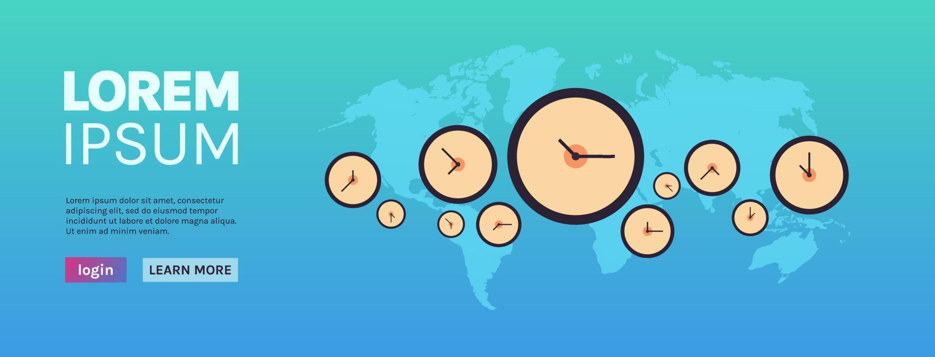 horloges différentes villes délai de gestion du temps et concept de fond de carte du monde illustration vectorielle plane horizontale. vecteur