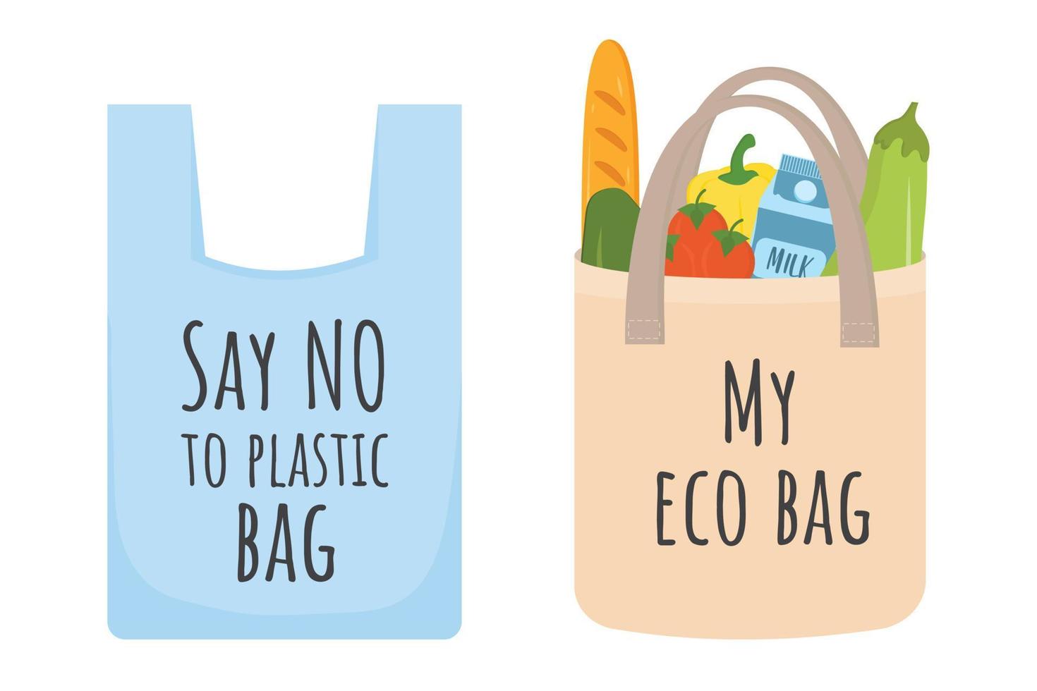 concept d'achat zéro déchet. dites non au sac en plastique et utilisez un sac écologique en textile. passez au zéro déchet, pas de concept plastique et écologique. sac à provisions réutilisable écologique avec des légumes et d'autres produits. vecteur