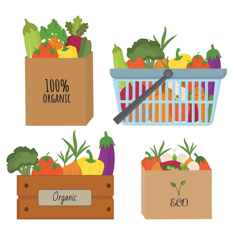 des sacs artisanaux, une boîte en bois et un panier rempli de légumes écologiques, sains et biologiques. produits végétariens, légumes bio de la ferme à la table. livraison d'aliments sains. nutrition adéquat. vecteur