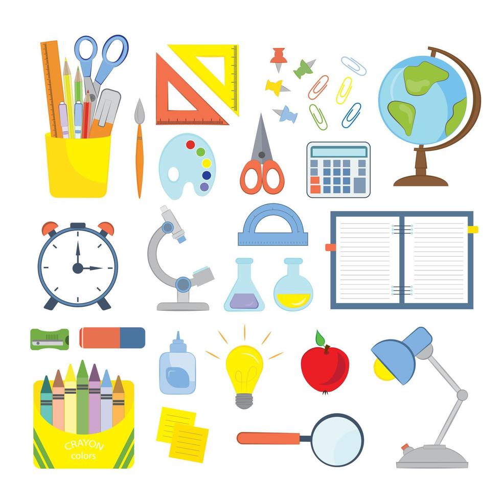 une collection d'éléments scolaires et éducatifs isolés sur blanc. icônes clipart de fournitures scolaires, outils de papeterie. différents accessoires pour élève ou étudiant. ensemble d'éléments de retour à l'école. vecteur