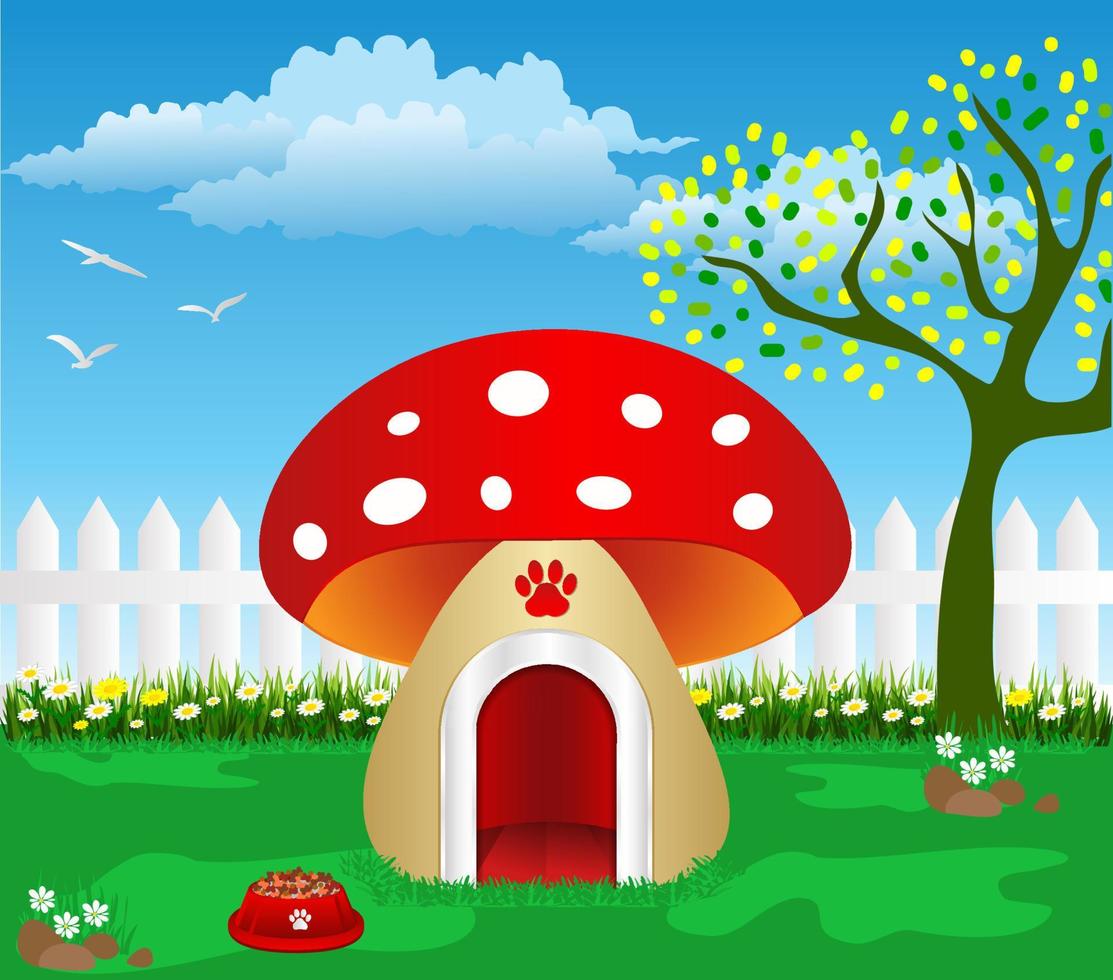 maison d'animaux de compagnie aux champignons avec fond de paysage vecteur