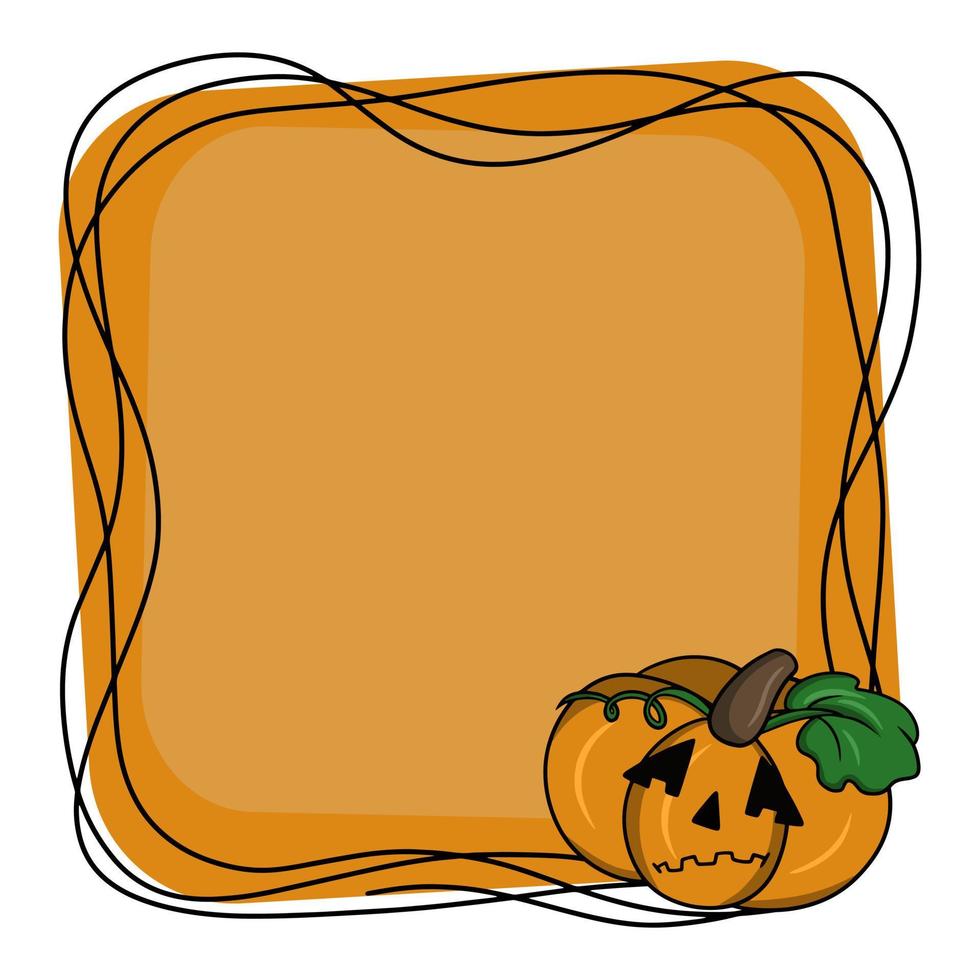 citrouille triste de dessin animé, cadre d'halloween carré lumineux orange, espace de copie, illustration vectorielle vecteur
