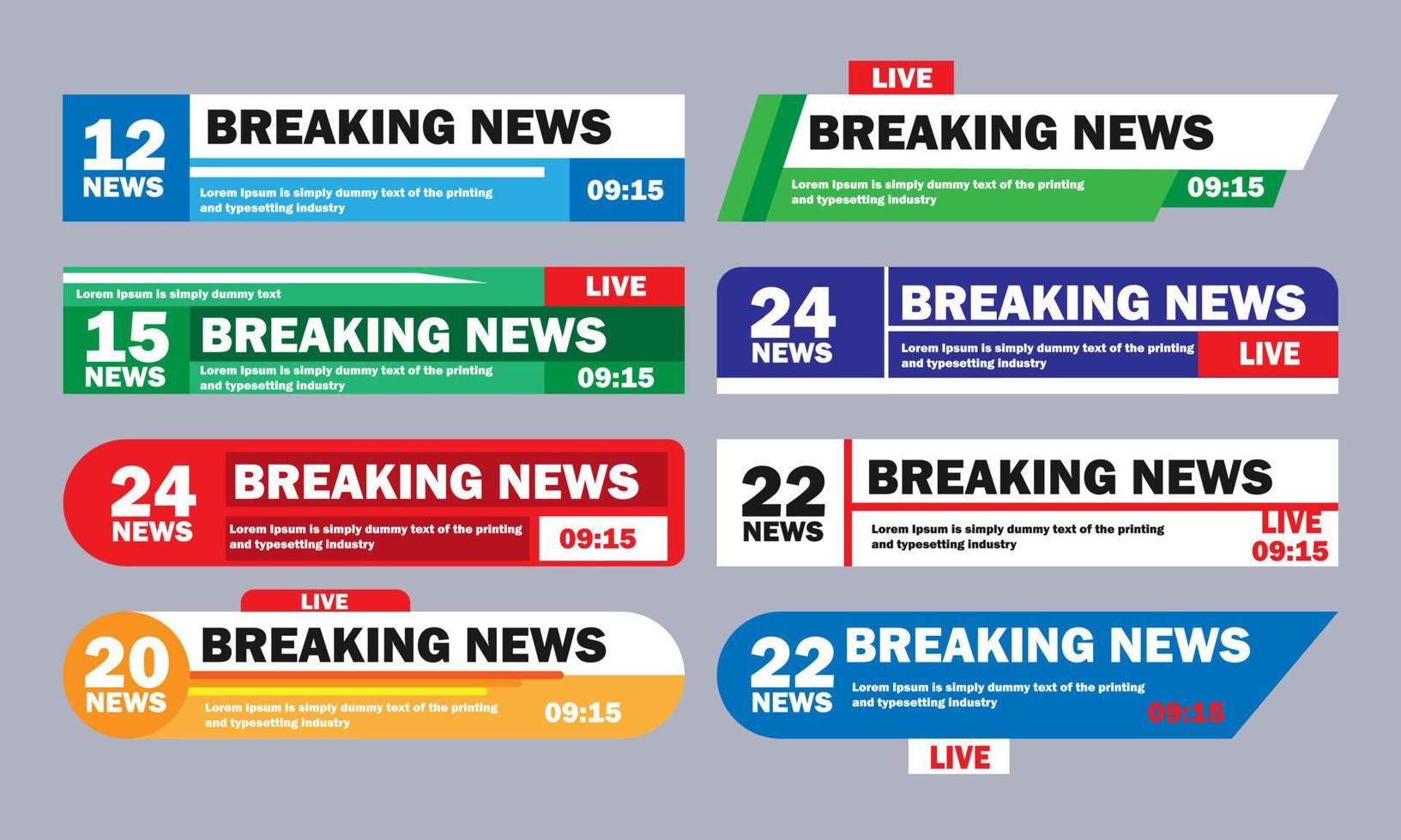 collection de bannières de dernières nouvelles. diffusion en direct à la télévision de fausses nouvelles. ensemble de titres abstraits breaking news vector illustration