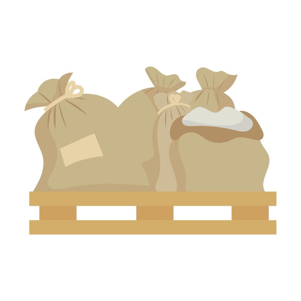 sac ou sachet de sable et de graines de riz. farine de fermier et palette de pommes de terre marron agriculture illustration vectorielle isolée. agriculture de blé de moulin de plante et icône de récolte de ferme. symbole de produit de récolte de dessin animé vecteur