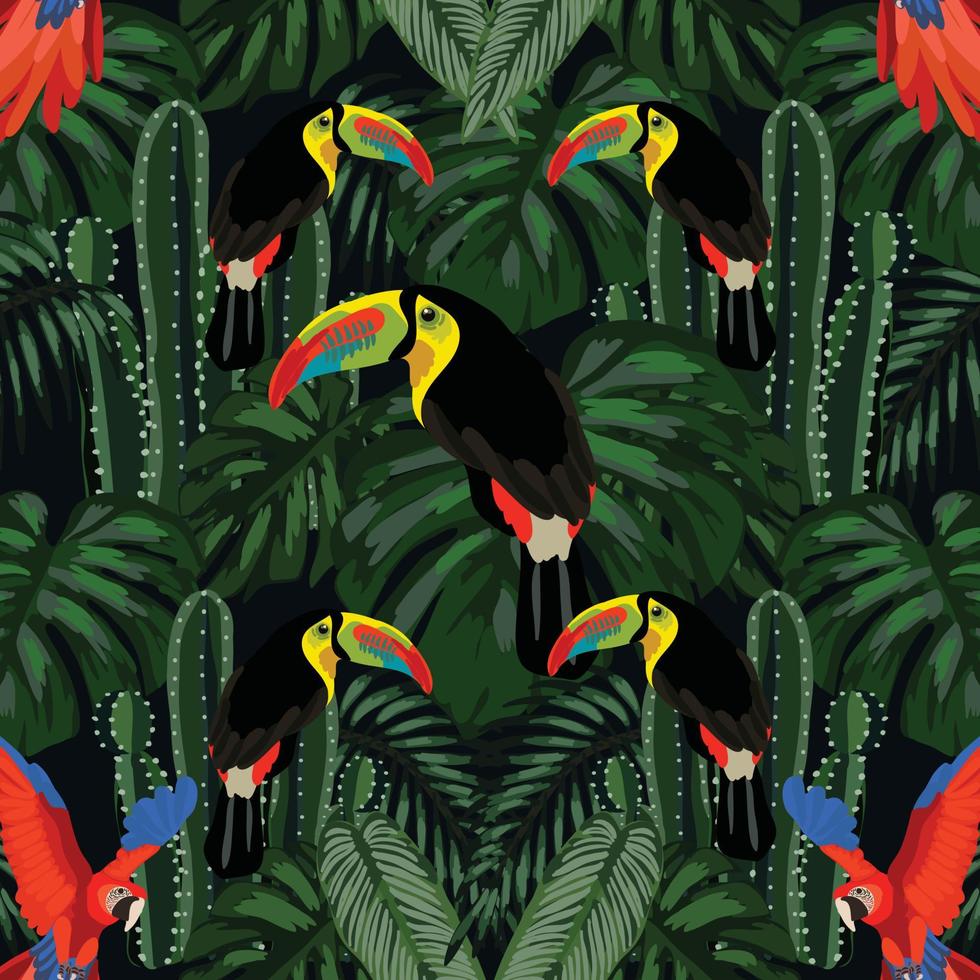 feuilles tropicales et conception d'art sans couture d'oiseaux tropicaux vecteur