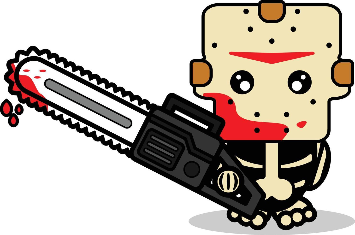 mignon jason voorhees os mascotte personnage dessin animé illustration vectorielle tenant une machine à scie sanglante vecteur