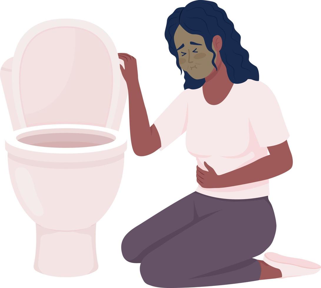 femme bouleversée avec nausées et bol de toilette caractère vectoriel de couleur semi-plat. figure modifiable. personne de tout le corps sur blanc. illustration de style dessin animé simple malade pour la conception graphique et l'animation web