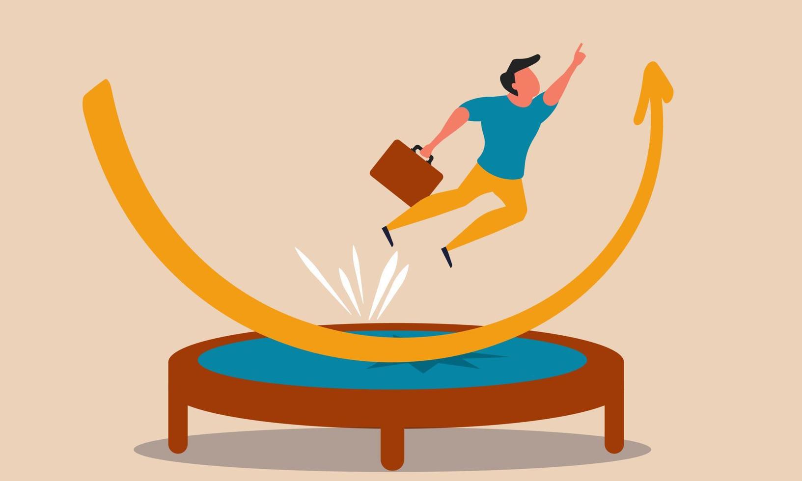 l'entreprise de puissance de rebond et le graphique de printemps économique des entreprises sautent. succès trampoline flèche vector illustration concept. l'homme rebondit et monte le graphique rapide. homme d'affaires voler et gagner de la croissance positive