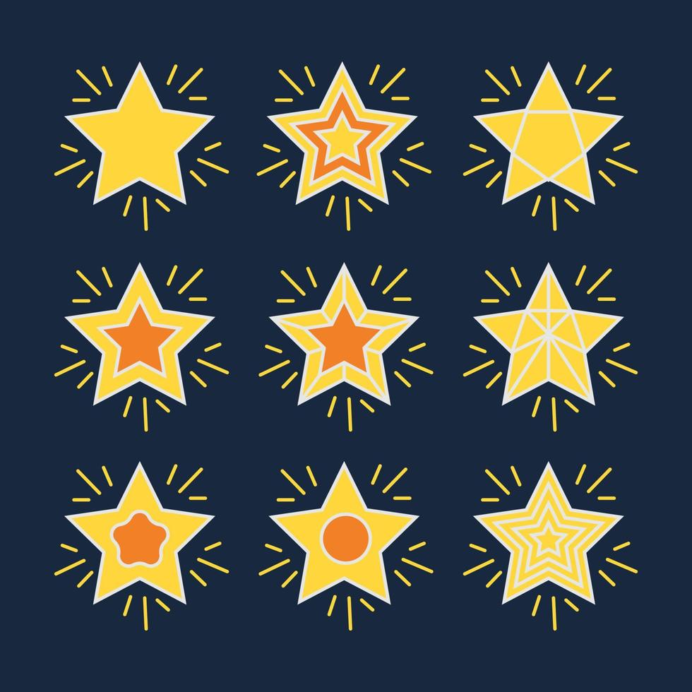 pack d'étoiles brillantes avec des motifs géométriques sur les couleurs jaune et orange. définir l'icône d'étoiles de décoration plate isolée. illustration vectorielle de lumière d'élément de collection de signe d'étincelle brillante vecteur