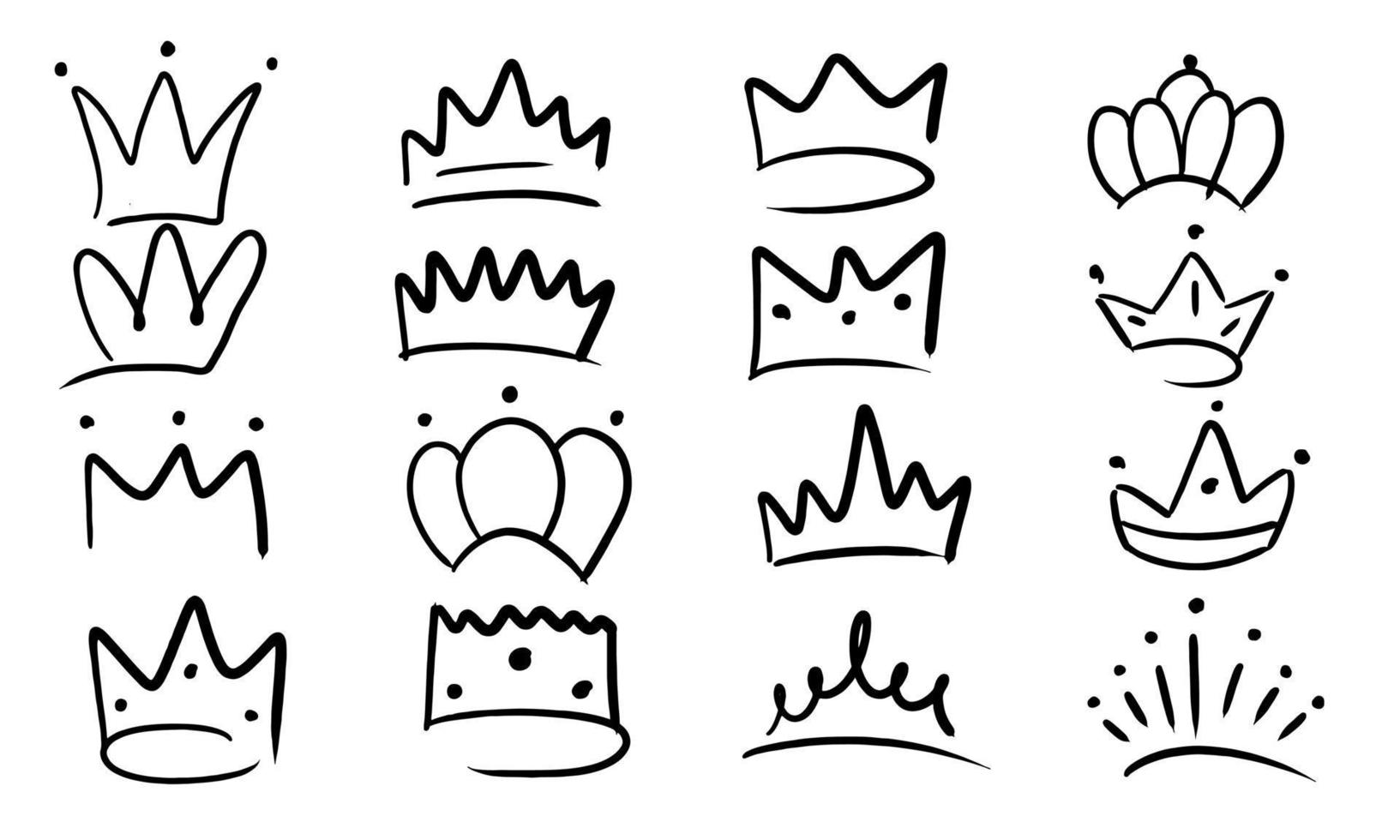 couronne dessinée à la main et icône de ligne de doodle roi, reine ou princesse. esquisser l'art de la tiare et le concept d'illustration vectorielle royale. ensemble rétro prince décalcomanie décoration tête noire et médiévale encre isolée vecteur