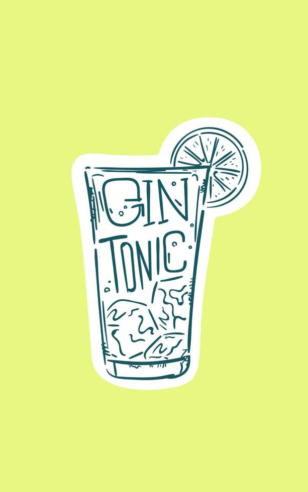 verre dessiné à la main de cocktail gin tonic. dessin d'une boisson alcoolisée d'été sur fond de citron clair. cocktails bar speakeasy classiques. vecteur