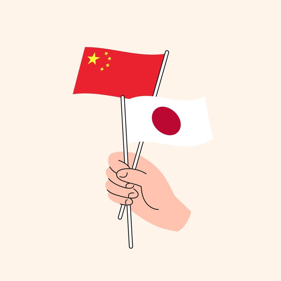 main de dessin animé tenant des drapeaux chinois et japonais. Relations Chine Japon. concept de diplomatie, de politique et de négociations démocratiques. design plat vecteur isolé