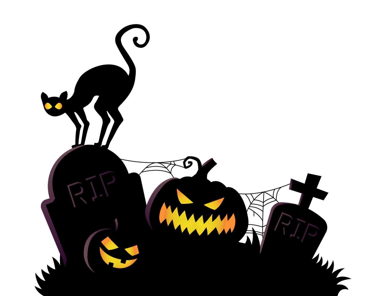 silhouette de cimetière de minuit avec citrouille et chat. illustration effrayante d'halloween. vecteur