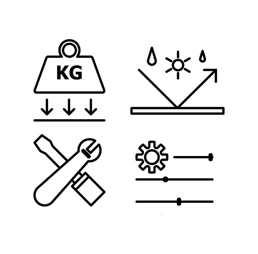 illustration vectorielle d'une icône de durabilité forte, d'une icône de résistance aux intempéries et aux produits chimiques, d'une icône d'entretien facile et d'une icône de spécification personnalisée vecteur