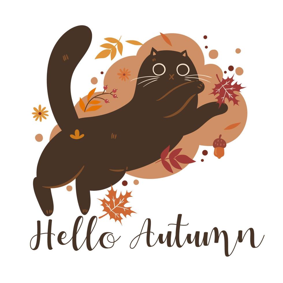 illustration de chat automne et l'inscription bonjour automne. graphiques vectoriels vecteur