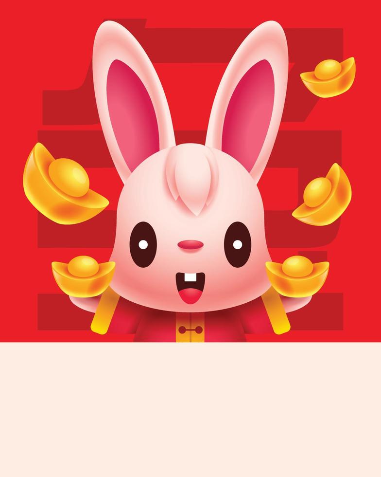 joyeux nouvel an chinois 2023. lapin mignon tenant des lingots d'or avec un grand panneau de salutation vide. lingots d'or volants. année du lapin vecteur