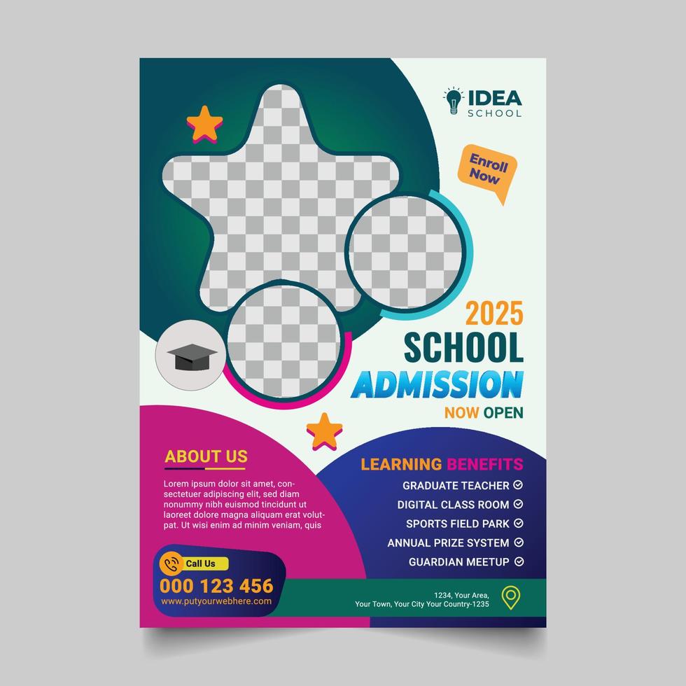 conception de modèle de flyer d'admission à l'école colorée. conception d'école pour enfants pour affiche et bannière. modèle de vecteur de flyer d'éducation.