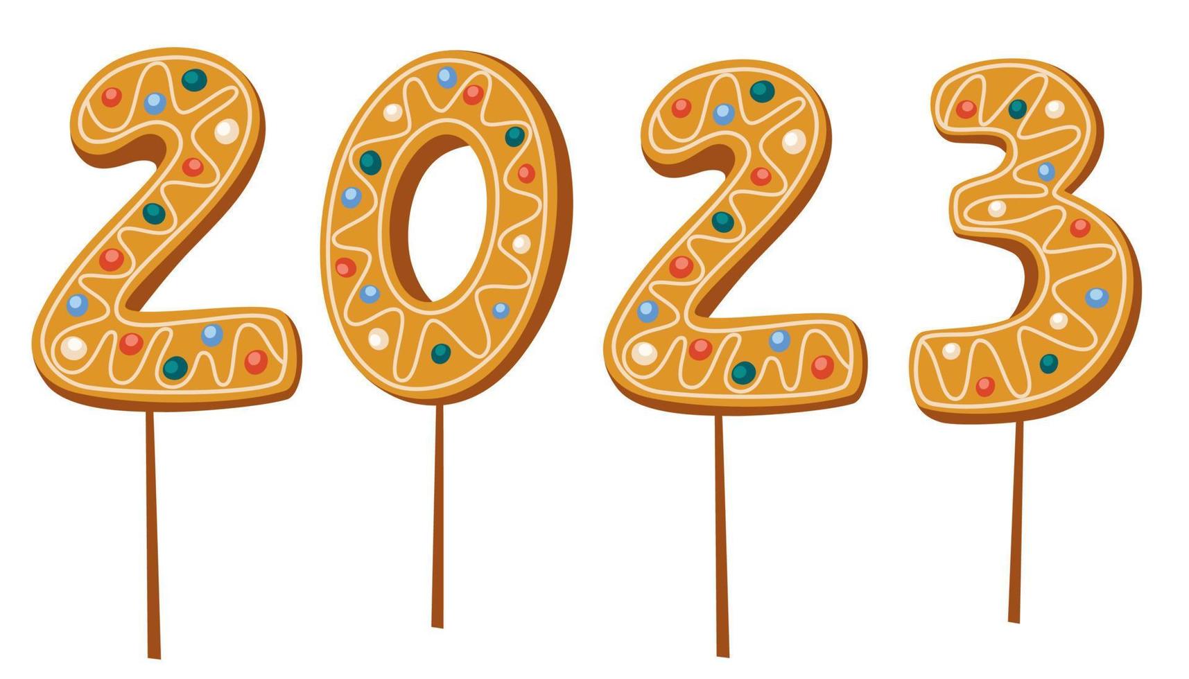 chiffres de biscuits en pain d'épice sur des bâtons avec la phrase 2023. biscuit sucré dans le message du nouvel an. bonbons de noël. illustrations vectorielles dessinées à la main isolées sur fond blanc. vecteur