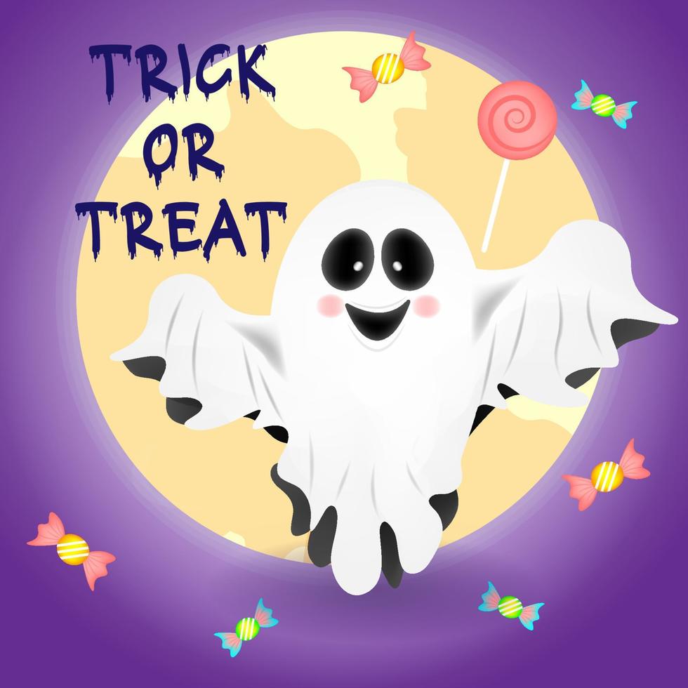 fantôme 3d d'halloween avec un joli visage et des bonbons, illustration vectorielle vecteur